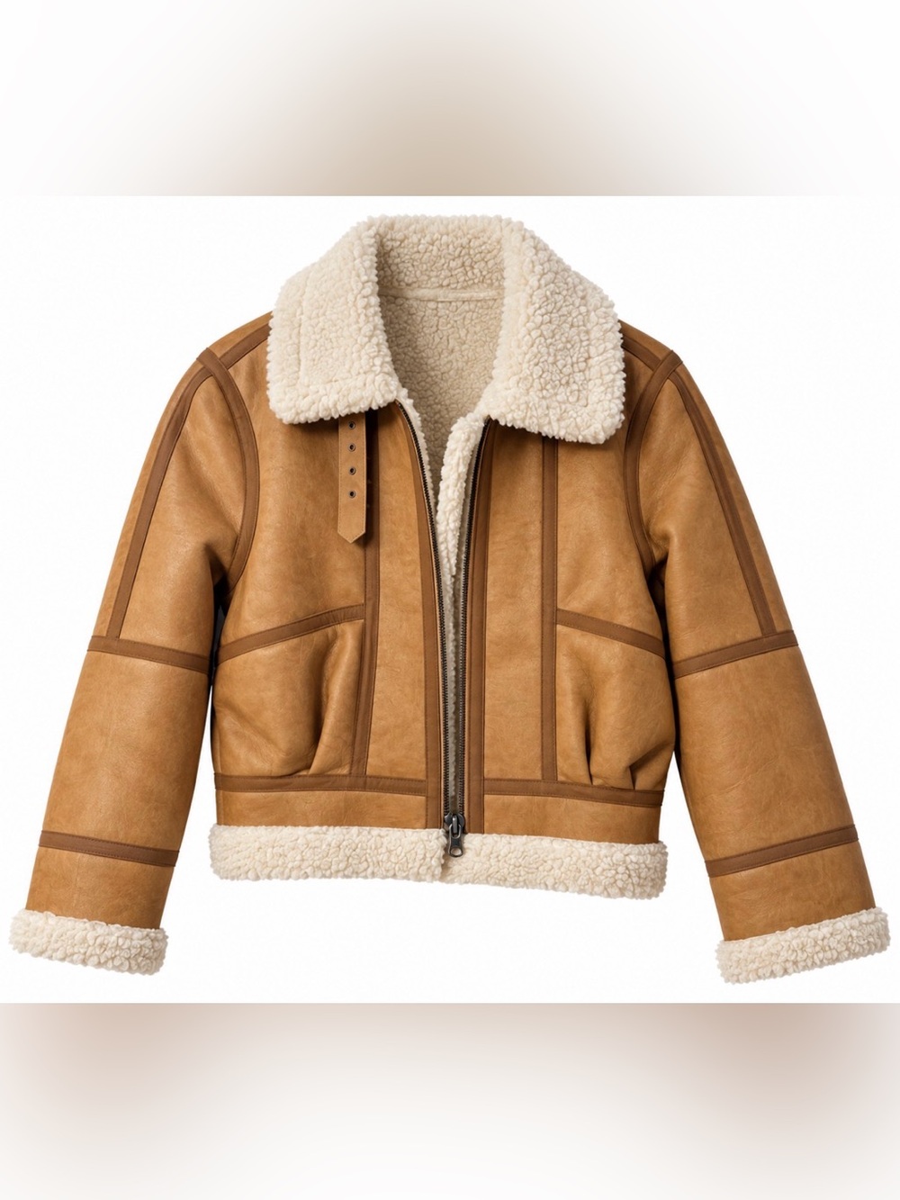 Source Unknown Tan Bomber Jacket with Cream Shearling Collar